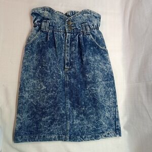 Stuffed Shirt Vtg 80s Denim Skirt Womens 7/8 Acid Wash Buttons Elastic Waist